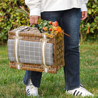 Willow picnic basket for 2 – Willow basket with waterproof picnic blanket | Willow picnic set with insulated cooler | Willow basket with cutlery set | Gift basket for Christmas, Thanksgiving, Gray