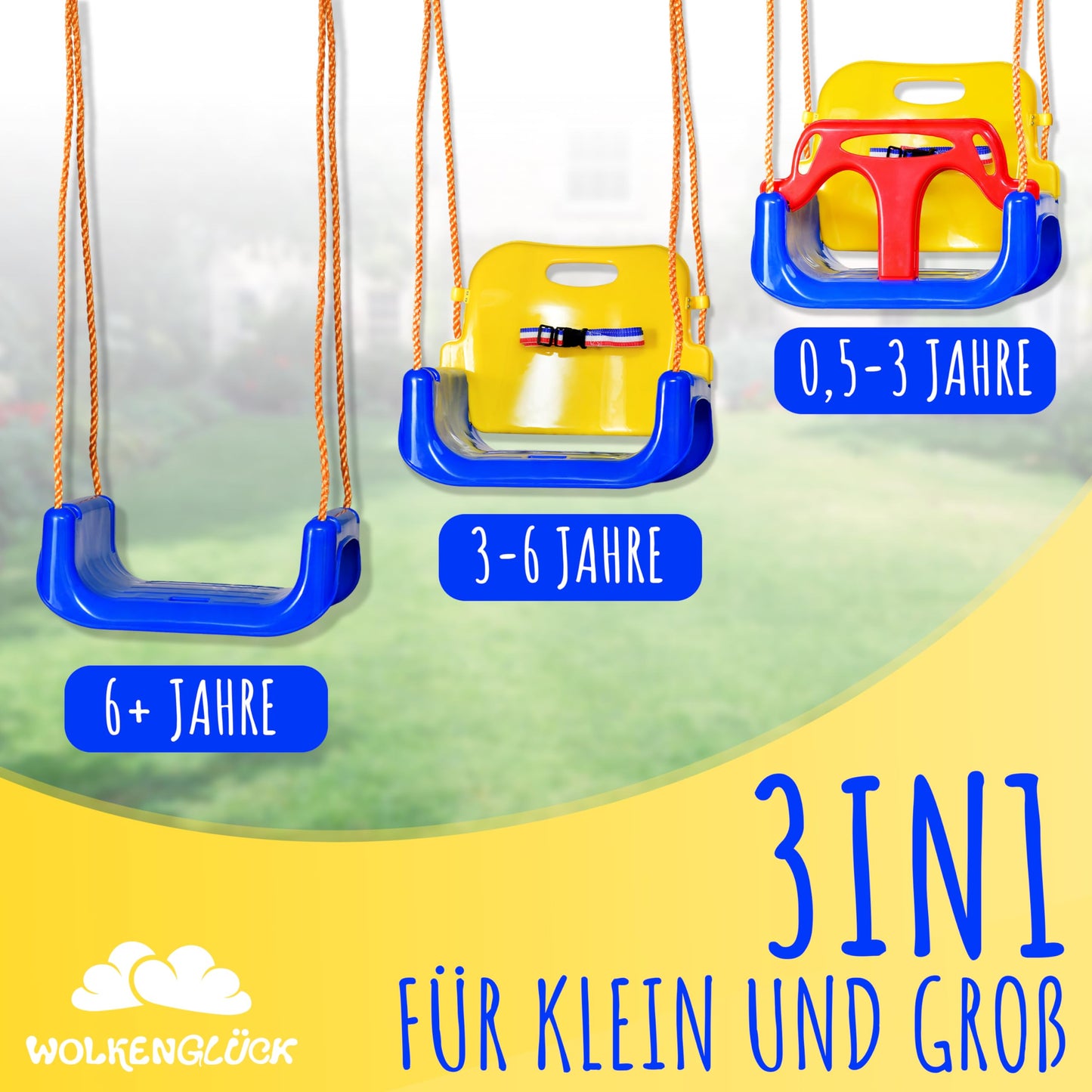 CLOUDHAPPY® Baby swing 3 in 1 [6 months to 6+ years] | Adjustable children's swing for outdoor & indoor use | High-quality swing with backrest & safety harness included