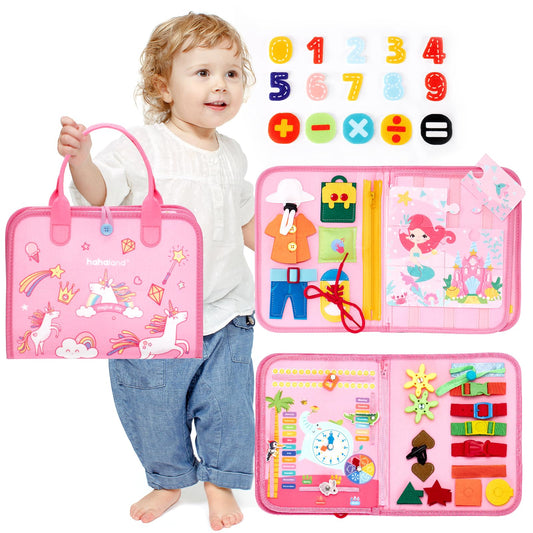 hahaland Montessori Busy Board, Interactive Learning Toy and Activity Board for Kids with 15 Activities. Perfect Busy Book Gift for Boys and Girls, Ideal for Traveling in Cars or Airplanes.