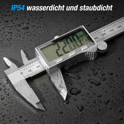 Digital caliper with large LCD screen, digital caliper with splash and dust protection, caliper with spare battery and storage box (silver)