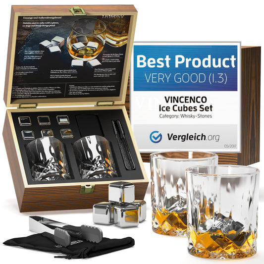 Whiskey Stones Set - 6 reusable stainless steel ice cubes + 2 glasses, tongs | Whiskey Ice Cubes Metal chilling stones bar accessories cocktail rocks gin stones decorative accessories gift whiskey stones.