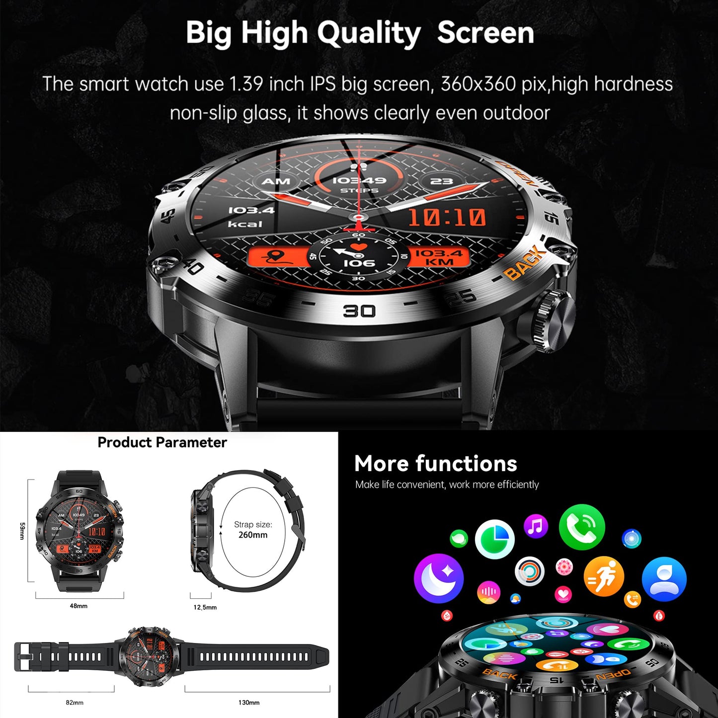 Men's smartwatch with phone function 1.39" full touchscreen watch fitness tracker 123 sports modes activity tracker 5ATM waterproof wristwatch with sleep monitor pedometer for Android iOS (Black)