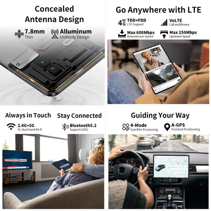 TECLAST T65 MAX 13-inch Android tablet with Helio G99 for gaming, 20GB RAM+256GB ROM (expandable to 2TB). Features 10000mAh battery, Widevine L1, 4G LTE SIM + 5G WiFi, GPS/GMS, 13MP+8MP cameras, and BT5.0. Large display for immersive experience.