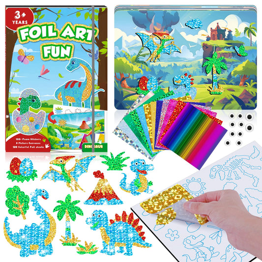 CutteeyFyry Foil Fun for Kids, Dinosaur Foil Art for Kids, Craft Sets for Ages 3-10, Kids Activity Kits Travel Toy Christmas Birthday Easter Gifts
