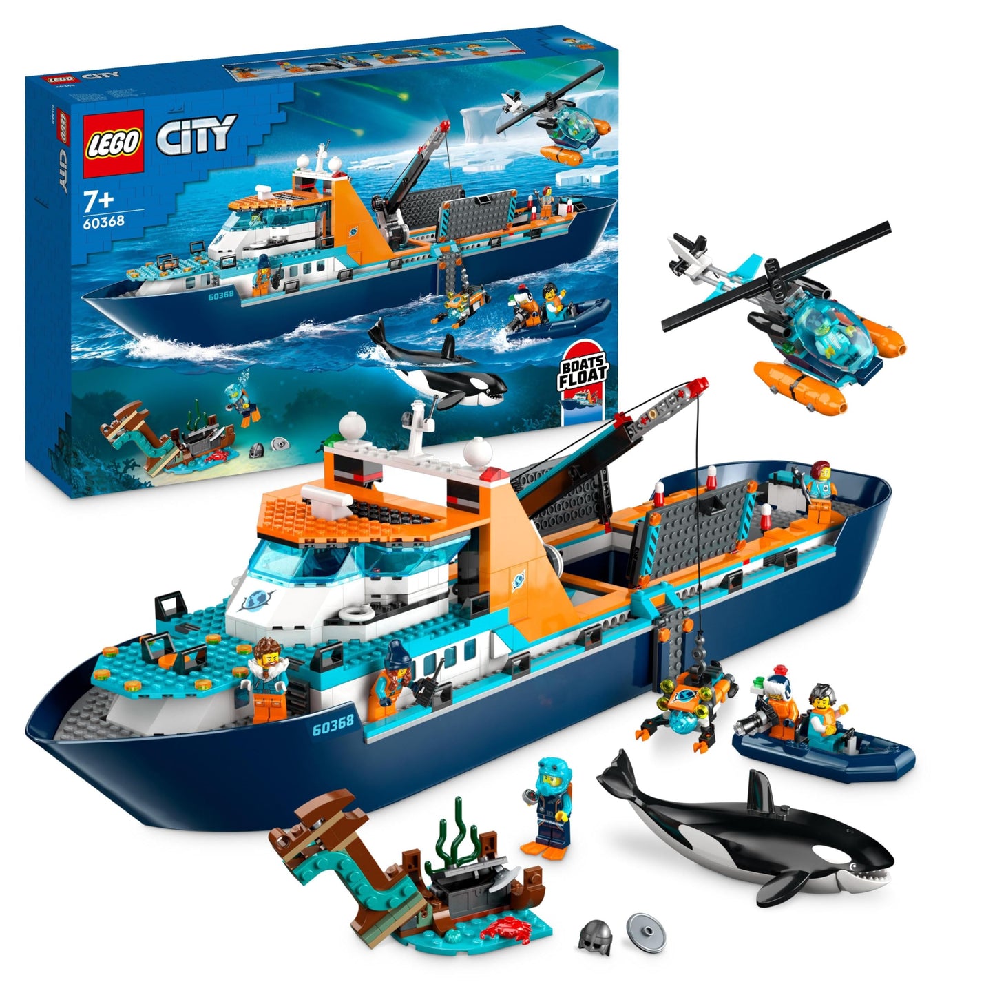 LEGO City Arctic Research Vessel, large floating toy boat with helicopter, dinghy, ROV submarine, Viking shipwreck, 7 minifigures & orca figure, gift for kids aged 7 and up 60368