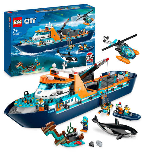 LEGO City Arctic Research Vessel, large floating toy boat with helicopter, dinghy, ROV submarine, Viking shipwreck, 7 minifigures & orca figure, gift for kids aged 7 and up 60368
