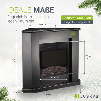Juskys Electric Fireplace 1000/2000 W with heating, fireplace, flame effect, remote control, LED lighting & timer - Electric Corner Fireplace in black.