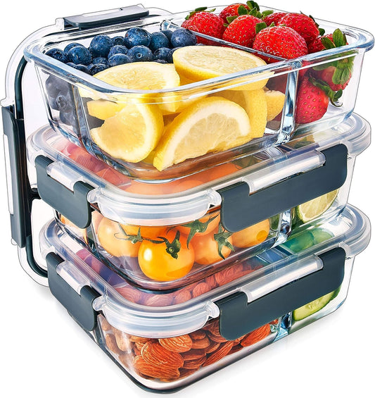 Igluu Meal Prep Glass Food Storage Containers with BPA-free lid (3-pack) - microwave, oven, freezer, dishwasher safe, leak-proof - 980 ml - 3 compartments - durable borosilicate glass.