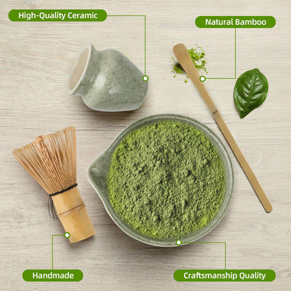 Matcha set - Matcha whisk set - 4-piece matcha tea set, Matcha whisk, Matcha bowl, Chasen, and Matcha spoon - Matcha accessories for tea ceremony - Green gift for home and office.