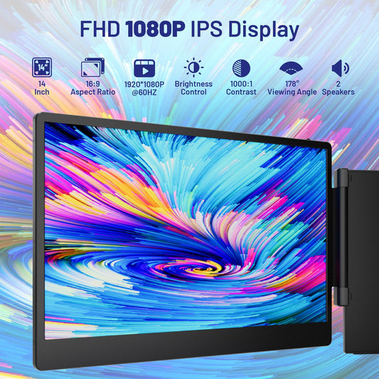 domyfan 14" Portable Monitor for Laptop, 1080P FHD Triple Laptop Screen Extension, HDMI/USB-A/Type-C Plug and Play, compatible with Windows/Mac/Android/Chrome/Switch/PS5.