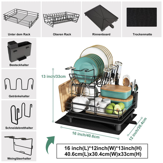 MAJALiS Dish Drying Rack, 2-tier stainless steel dish drying rack with drip tray and drying mat, dish rack with utensil holder, dish dryer for kitchen counter, black.