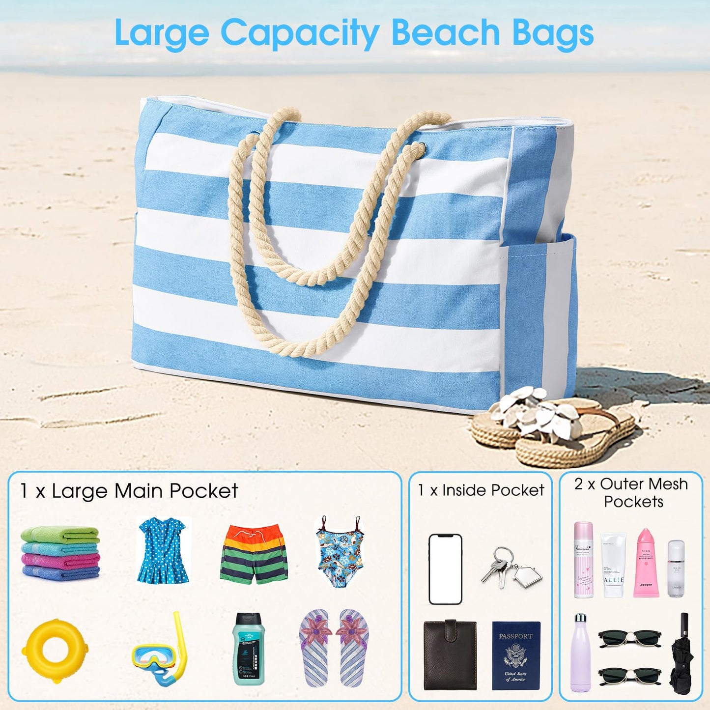 oscaurt beach bag big sauna bag travel bag tote bag beach bag with zipper shopper bag women beach bag XXL family shopping bag shoulder bag.