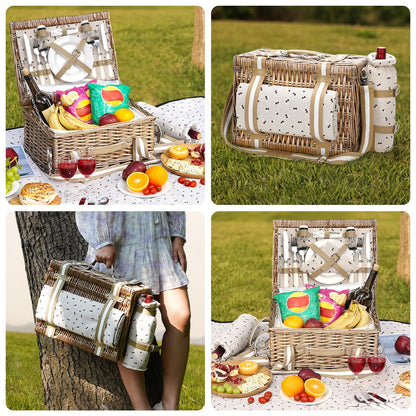 Two-person picnic basket with blanket - willow picnic basket with strap, wine bag, two-person willow picnic set with insulated cooler, willow basket with cutlery set, beige.