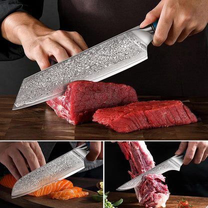 Home Safety Damascus Knife Set, 3PC Damascus Chef Knife Set Santoku Knife Set made of 67 layers Vg-10 Damascus steel, Professional Damascus Kitchen Knife Set with Ergonomic Resin Handle, Gift Box