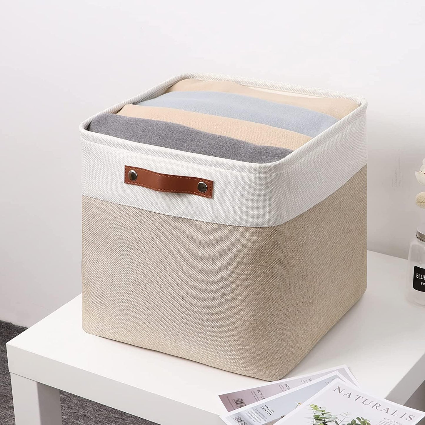 Mangata fabric storage cube 4-pack, 30x30x30cm storage basket for bedroom, craft room, kids room ▏ Light Khaki&White