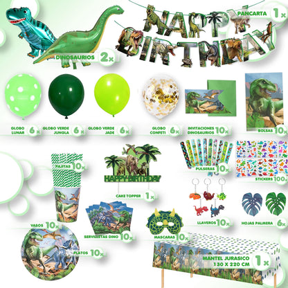 Bea's Party Dino decorations for children's birthday, party plates with Dino design, invitation cards for boys' birthday party with dinosaurs, cake decoration with Dino napkins, Dino piñata.