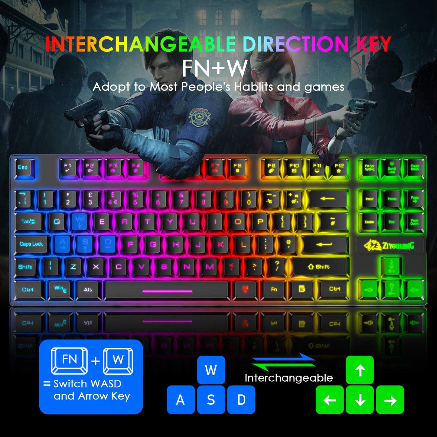 Gaming keyboard and mouse, 88-key USB keyboard with rainbow backlit + programmable ultralight gaming mouse with 6400 DPI for computer PC PS4 PS5 laptop Mac (black)