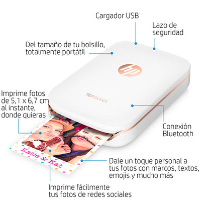 HP Sprocket Mobile Photo Printer (No Ink Printing, Bluetooth, 2 x 3 inch Prints) White