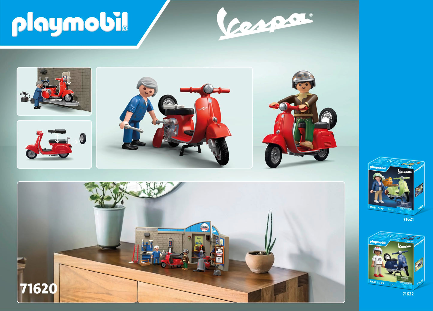 PLAYMOBIL Cars 71620 60s Vespa Garage, including movable lift, with various accessories for an authentic workshop, for vehicle enthusiasts of all ages.