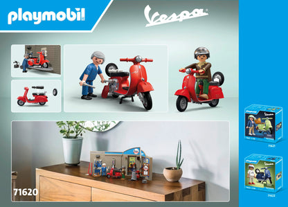 PLAYMOBIL Cars 71620 60s Vespa Garage, including movable lift, with various accessories for an authentic workshop, for vehicle enthusiasts of all ages.