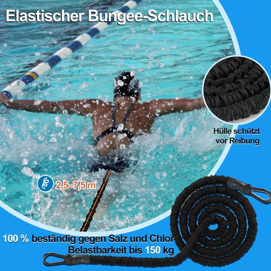 Pool swimming belt for kids and adults, 4-7.5M swim trainer swim cord with adjustable swim resistance belt, increases strength and endurance, perfect alternative to a counter-current system.