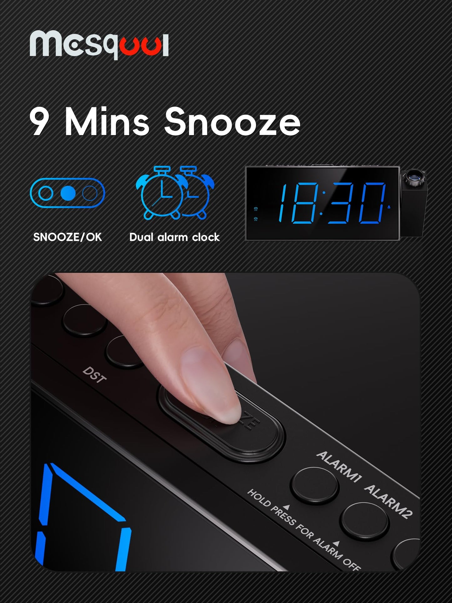 Projection alarm clock, 7-inch digital display and dimmer, dual alarms, USB port, adjustable alarm volume, snooze, 12/24 hour format, battery backup for bedroom, ceiling, wall, home, kids, seniors.