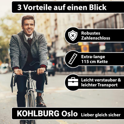KOHLBURG very long bike lock combination lock 115cm & 6mm strong steel - bike lock with code - chain lock with number combination for bike E-bike & e scooter - code bike lock