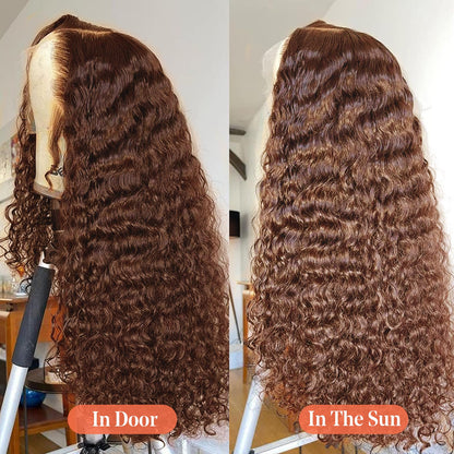 24 Inch Real Hair Wig 13x4 Transparent Lace Front Wig made of Human Hair for Black Women, Deep Wave Human Hair Wig in Brown Color, Curly Real Hair Wigs for Women with 150% Density 60cm.