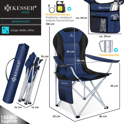 KESSER® camping chair foldable up to 150 kg angling chair folding chair padded with armrests, high backrest beach chair, folding stool including camping light drinks holder bag & cup navy blue