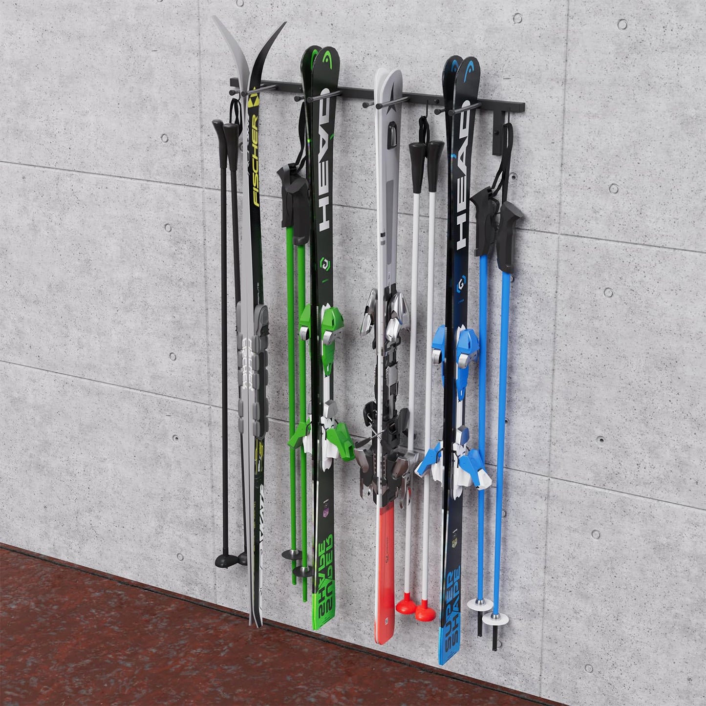 QLS Trading Ski Rack S3 Wall Ski Rack for 4 pairs 83 cm Nordic Walking Trekking Poles Ski Carrier Hook Rail with protective rubber coating for space-saving storage