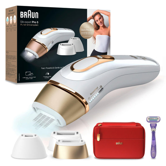 Brown IPL Silk Expert Pro 5 hair removal device for women/men, 3 attachments, visible hair removal, Designed in Germany, Venus razor, alternative to laser hair removal, PL5267, white/gold.