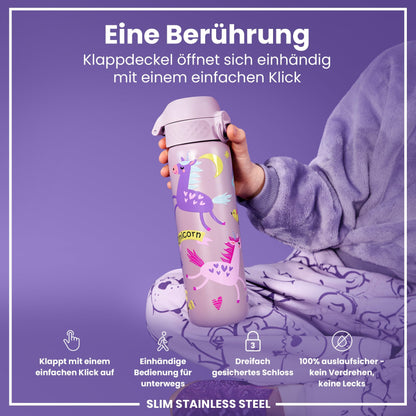 ion8  Lightweight Steel Water Bottle 600ml Non-Insulated Leakproof One-Hand Opening Secure Lock Dishwasher Safe Flip Lid Carrying Handle Easy to Clean, Lilac Unicorn