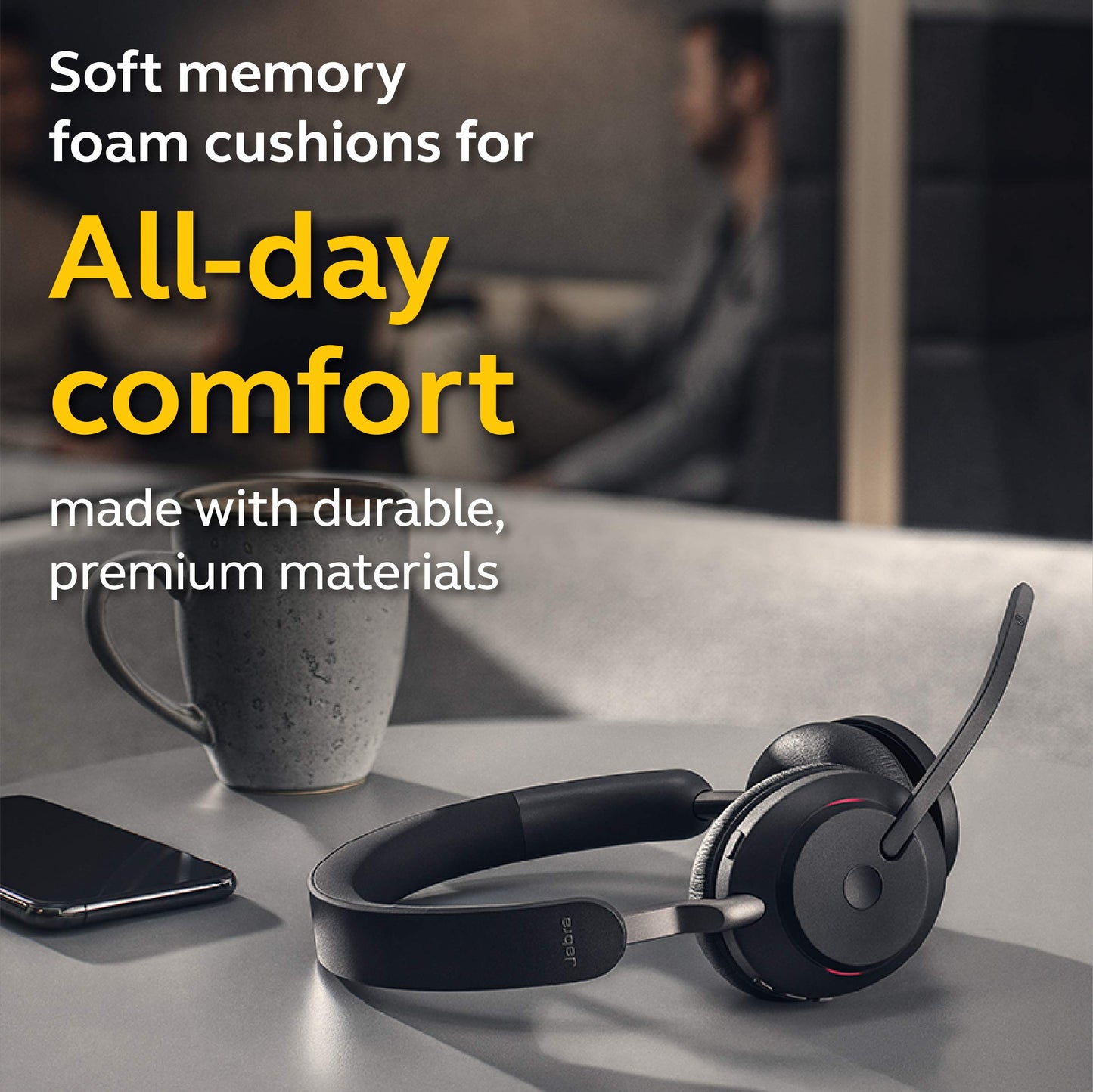 Jabra Evolve2 65 is a wireless PC headset with a charging stand. It has noise-canceling, Microsoft Teams certification, stereo sound, and a long-lasting battery. The set includes a USB-A Bluetooth adapter. Available in black.