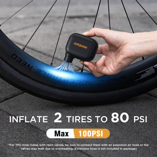 AIRBANK Mini Bike Pump POCKET SE, 100 PSI electric bike air pump for road bikes, portable bike pump, bike tire inflator for Schrader and Presta valves with rechargeable battery.