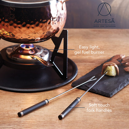Artesà Fondue Set with 6 forks and stainless steel pot, ceramic bowl, metal stand and burner, for chocolate, cheese, or meat.