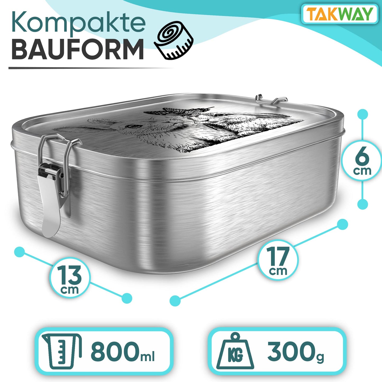 TAKWAY Stainless Steel Lunch Box for Kids with Compartments 800ml | Leak-proof | Bento Box with customizable divisions | Snack box for kindergarten, daycare, school (Bunny, divider)