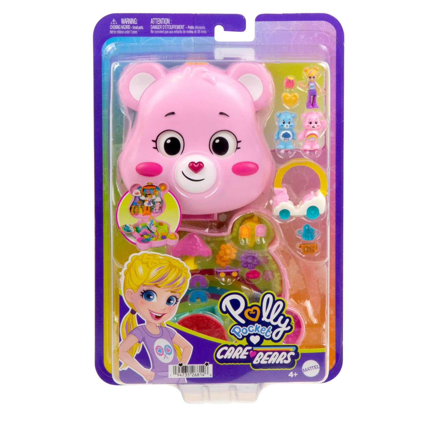 Polly Pocket x Care Bears dolls & playset with toy car and themed accessories, travel-friendly toy, Partnership Case, JCC14.