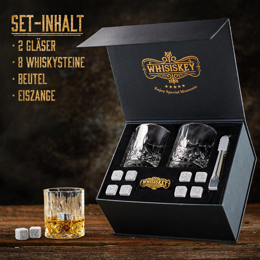Whiskey - Whisky Glass Set - Whisky Accessories Set - 8 Whiskey Stones & 2 Whiskey Glasses - Whisky glasses - Reusable Ice Cubes - Gifts for Men