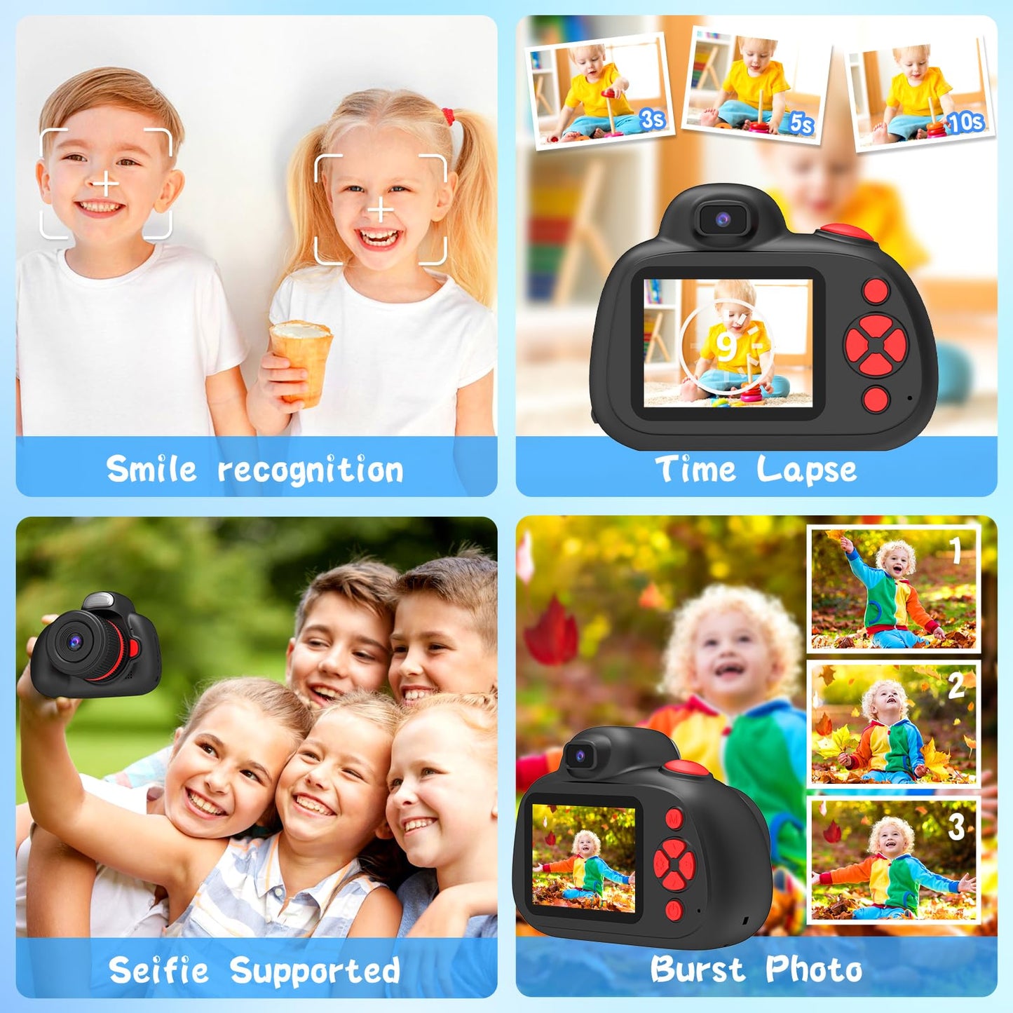 BaFuland Kids Camera, 2.4 inch screen digital camera for kids with 32GB card, 28MP/1080P children's camera selfie with 360° rotatable zoom, gifts for boys & girls aged 3-12 years (black)