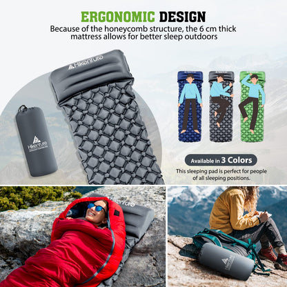 HIKENTURE sleeping pad for camping, trekking, and backpacking. Inflatable air mattress with small pack size and ultralight design. Grey with pillow.