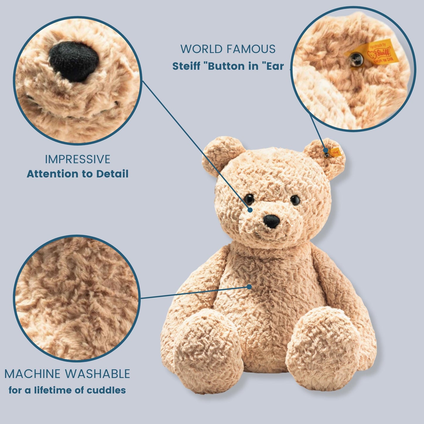 Steiff cuddly toy Jimmy teddy bear, cute plush toy for children, boys & girls, friends, stuffed animal 55 cm, light brown, 067181