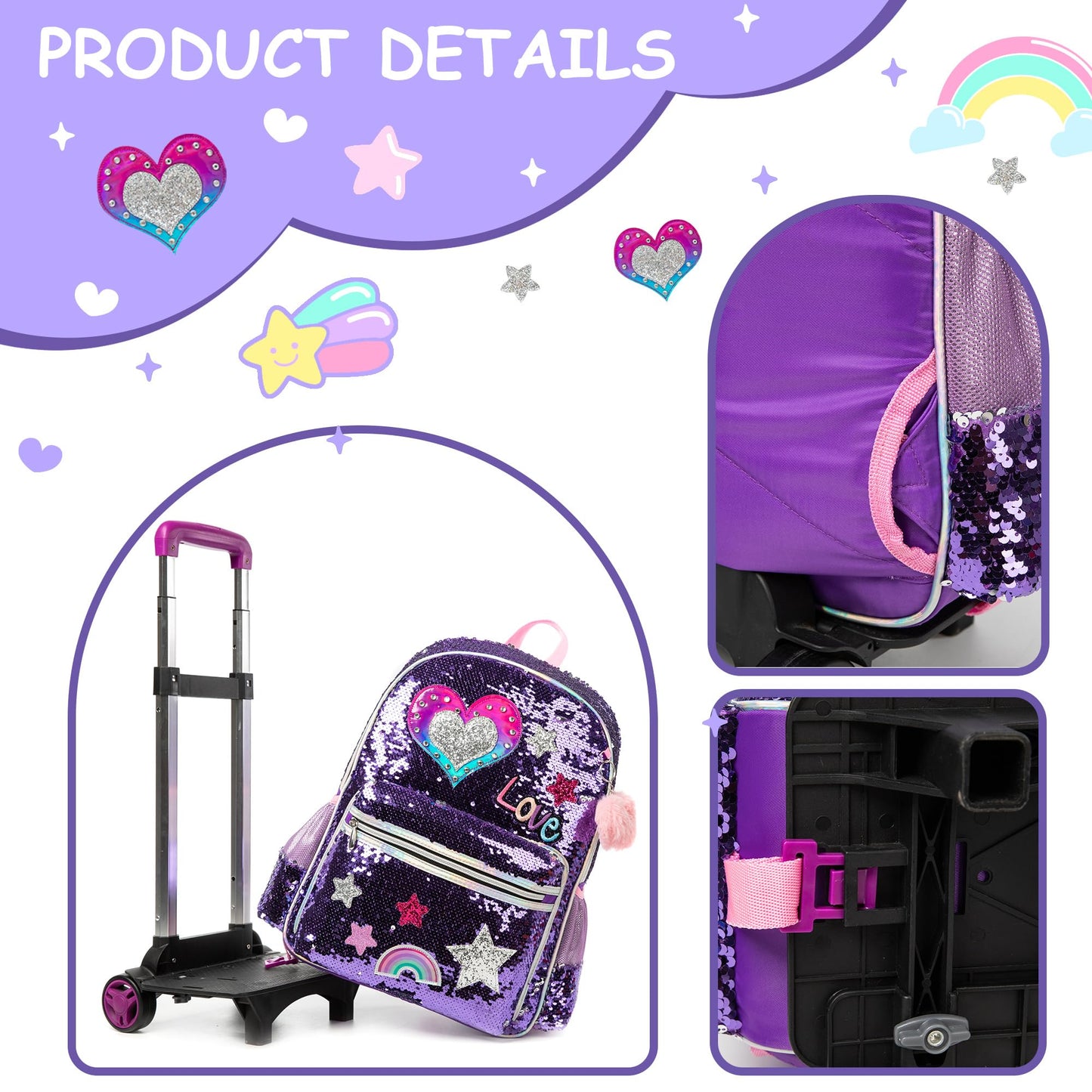 HTgroce Purple Love Trolley Backpack with Wheels, Pencil Case, Lunch Bag 3 in 1 Sequin Rolling School Bag for Girls, School Bag Sets Perfect for Children Students in Grades 2-6