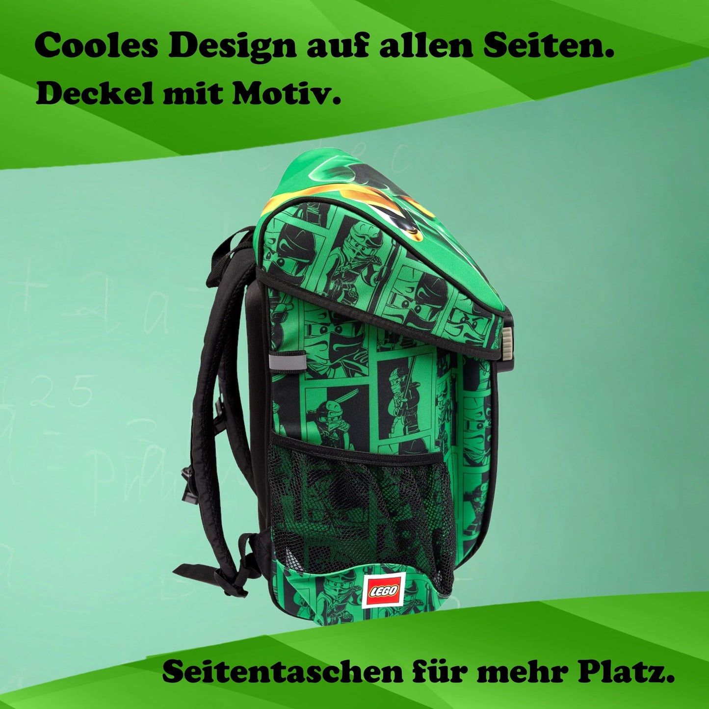 Familando Ninjago school bag set for boys - with sports bag, lunch box, and bottle - ergonomically stable, light at 790g, 16L volume - chest strap, reflectors, rain cover - complete set for 1st grade elementary school.
