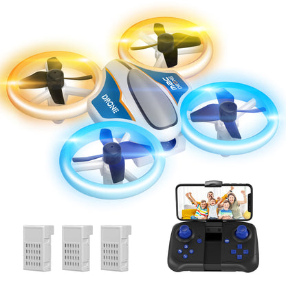 Mini drone with 720P HD camera for kids, RC drone with LED lights, 3D flips, headless mode, and 3 batteries, 21 min long flight time, toy drone helicopter for kids and beginners, orange.