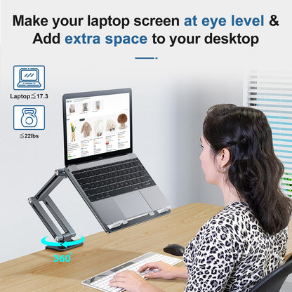 Adjustable laptop stand with 360° swivel arm, made of aluminum. Suitable for tablets and laptops from 10-16 inches. Foldable and perfect for your desk.