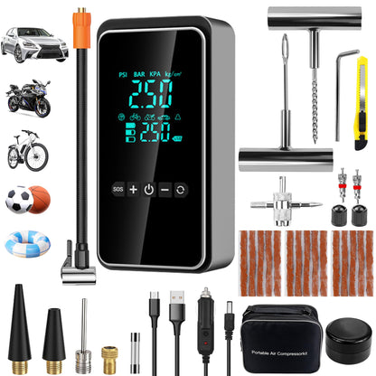 Electric air pump, portable electronic air pump with tire repair kit, 150PSI electric compressor bike pump, electric air pump for cars, bikes, motorcycles & balls.