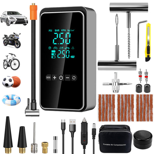 Electric air pump, portable electronic air pump with tire repair kit, 150PSI electric compressor bike pump, electric air pump for cars, bikes, motorcycles & balls.