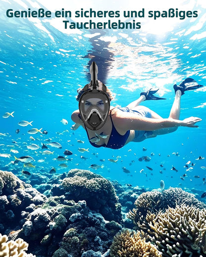 Adult snorkel mask, diving mask for adult man with foldable sun visor, full face mask with camera mount, 180° panoramic view and anti-fog, diving mask for glasses wearers.