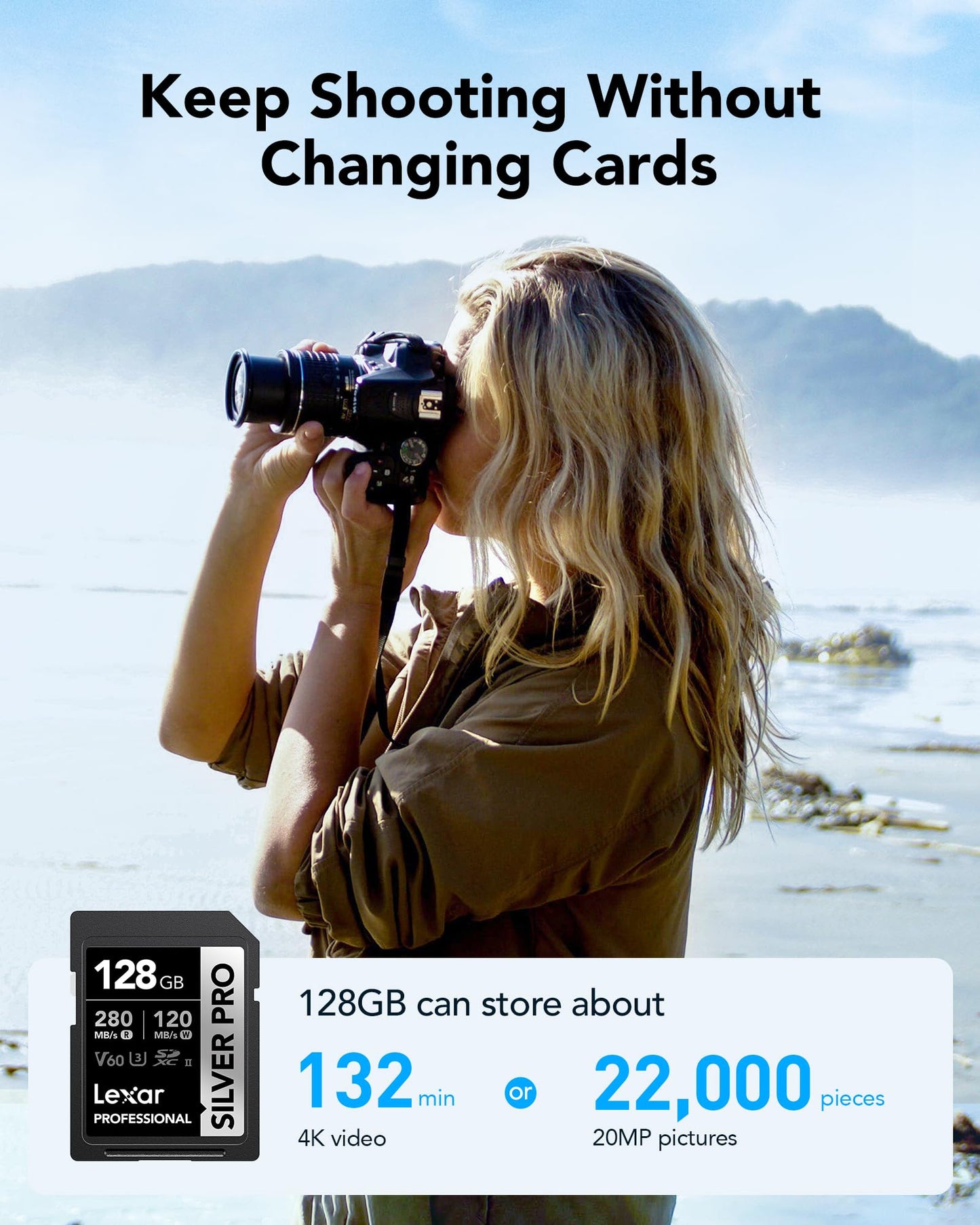 Lexar SILVER PRO SD Card 128GB, UHS-II SD Memory Card, V60, U3, C10, up to 280MB/s Read, 120MB/s Write, SDXC Card for DSLR/Camera/Photographers/Videographers/Enthusiasts (LSDSIPR128G-BNNAA)