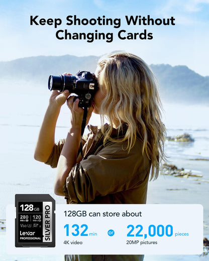 Lexar SILVER PRO SD Card 128GB, UHS-II SD Memory Card, V60, U3, C10, up to 280MB/s Read, 120MB/s Write, SDXC Card for DSLR/Camera/Photographers/Videographers/Enthusiasts (LSDSIPR128G-BNNAA)